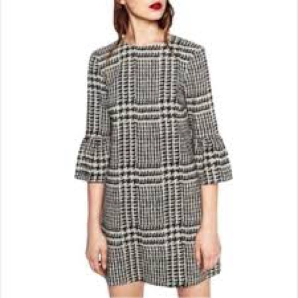 Zara Woman Houndstooth Flutter Sleeve Mini Dress - Picture 1 of 15